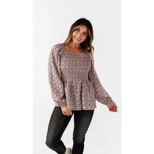 Hayden Smocked Puff Sleeve Floral Print Square Neck Peplum Blouse Women Sz S